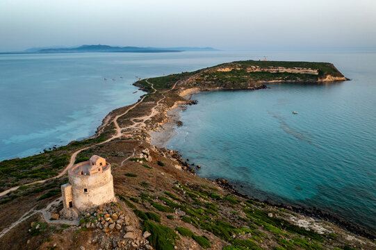 Capo San Marco drone aerial view with San Giovanni di Sinis tower
