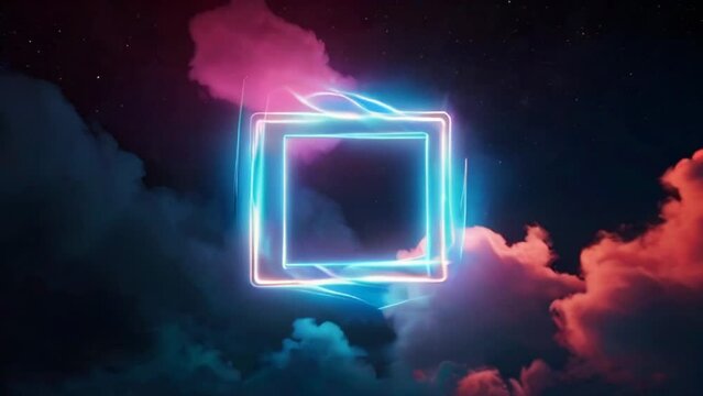 Abstract neon background with glowing square shape and spinning cloud