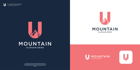 Letter U with abstract mountain logo design template.