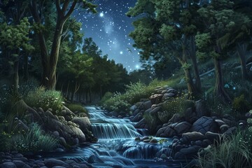 Tranquil forest scene with a babbling brook and a starry night sky