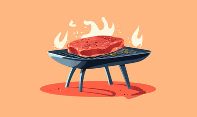 A cartoon of a steak on a grill with flames coming out of it