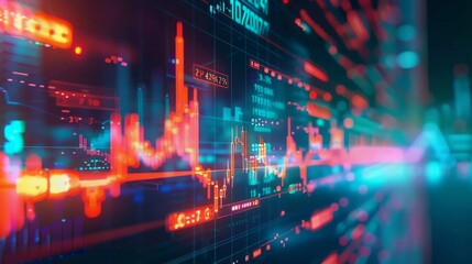 Obraz premium detailed view of a computer screen displaying a stock chart, providing real-time data and trends, chart that displays the various factors influencing the stock market