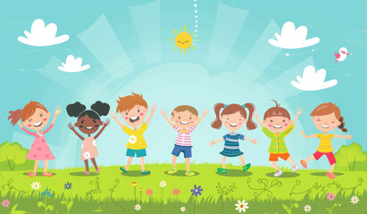 cartoon children playing in the park, flat design with simple lines and bright colors