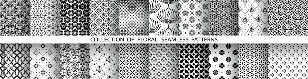 Poster Geometric floral set of seamless patterns. White and black vector backgrounds. Damask graphic ornaments.
