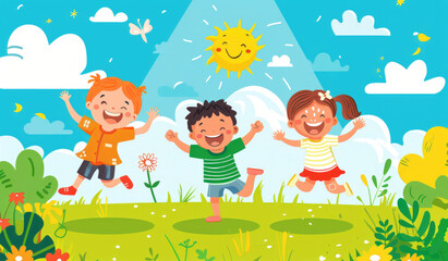 Obraz na płótnie Canvas cartoon children playing in the park, flat design with simple lines and bright colors