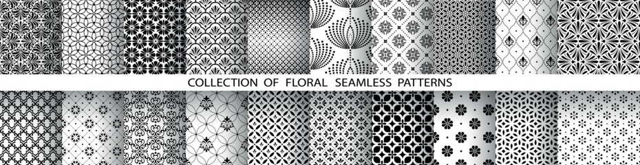 Naklejka premium Geometric floral set of seamless patterns. White and black vector backgrounds. Damask graphic ornaments.