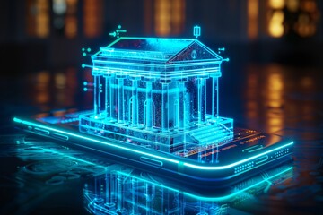 A glowing blue digital bank building sits on a smartphone screen.