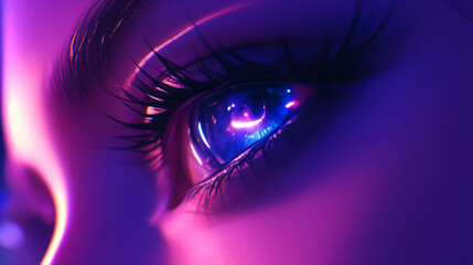 close up of a woman's eye with purple and blue colors