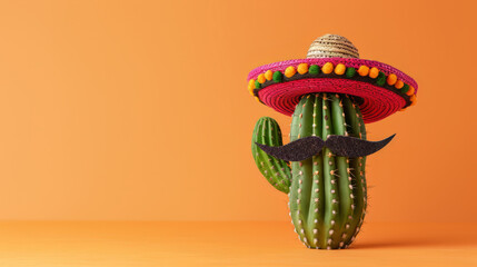 A Mexican cactus character wearing a traditional sombrero and mustache
