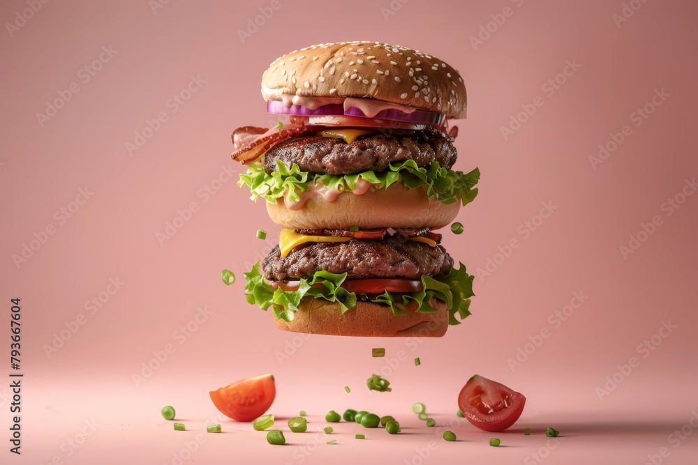 Aufkleber deconstructed hamburger layers floating on soft pastel background with copy space