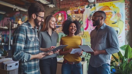 A cheerful group of young professionals uses tablets in front of a colorful mural, radiating creativity and collaboration. AIG41