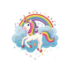 Vector rainbow with clouds. Unicorn treasures concept. Magic or fairytale decoration for cards isolated on white background.