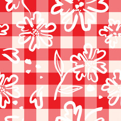 White Line Flower Hand Draw Doodle Art On Check Red Vector illustration Seamless Pattern, Tablecloth Design Art, Flower Background Wallpaper