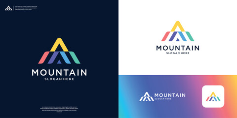 Colorful mountain logo design with letter A arrow symbol.