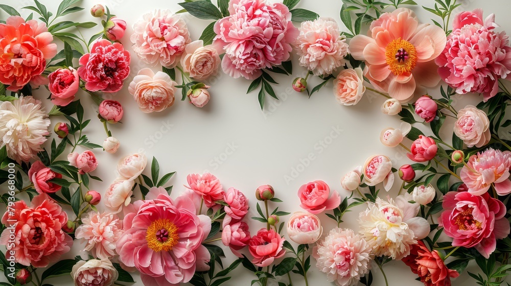 Aufkleber top view of rectangular frame made from abundant peonies on white background with empty center space