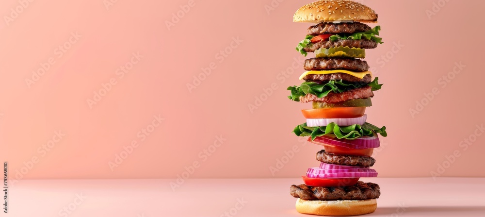 Poster deconstructed burger layers floating on pastel background with ample copy space for text placement