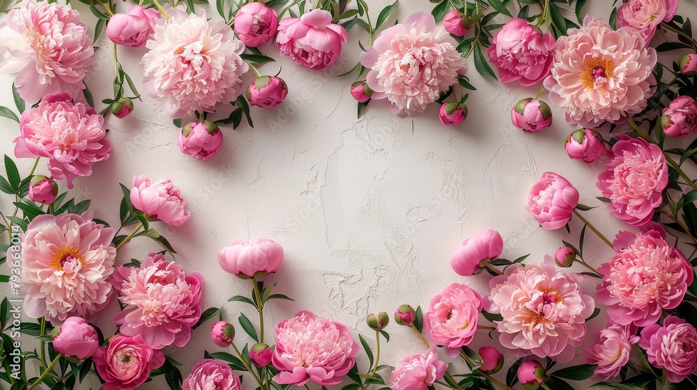 Aufkleber top view of rectangular frame made of peonies with empty center space generative ai
