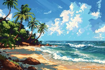 A pixel art beach with pixelated waves, palm trees and a sandy shore.