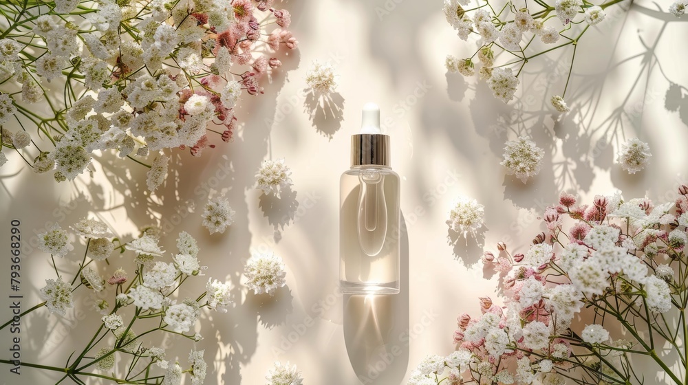Poster skincare products arranged on a light background with top view generative ai