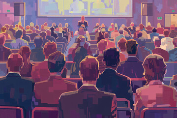 People in a conference hall attentively looking at a speaker - obrazy, fototapety, plakaty
