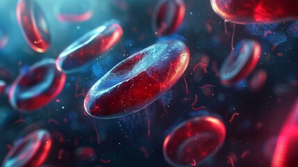 mesmerizing image capturing the remarkable sight of multiple red blood cells suspended in mid-air, microscopic view of blood cells given a futuristic, sci-fi visual style