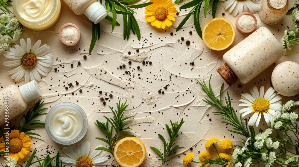 Poster skincare products arranged on a light background with top view generative ai