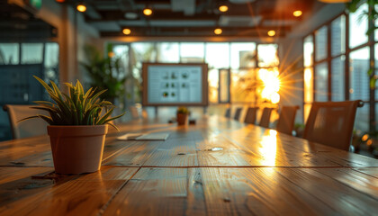 A potted plant sits on a wooden table in a conference room by AI generated image - obrazy, fototapety, plakaty