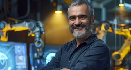 Fototapeta premium A confident engineer with a welcoming smile stands in a high-tech robotics automation laboratory. 