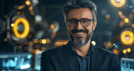 A confident engineer with a welcoming smile stands in a high-tech robotics automation laboratory.
