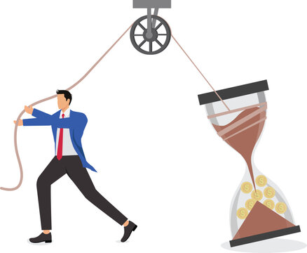 Businessman shaking an hourglass full of gold coins up and down, business forecast, profit and loss, decrease and increase