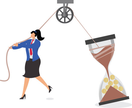 Businesswoman shaking an hourglass full of gold coins up and down, business forecast, profit and loss, decrease and increase