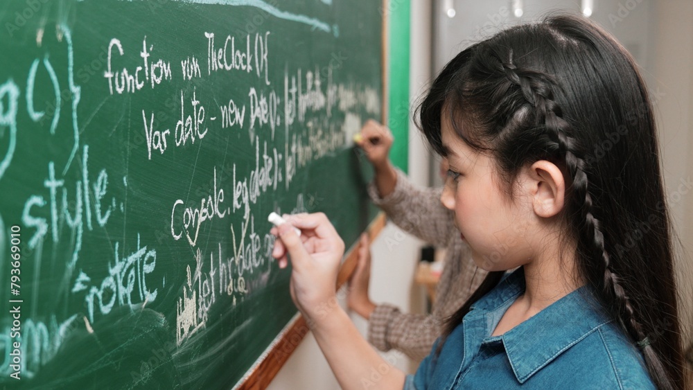 Poster skilled asian girl writing engineering prompt and programing system while standing blackboard with g