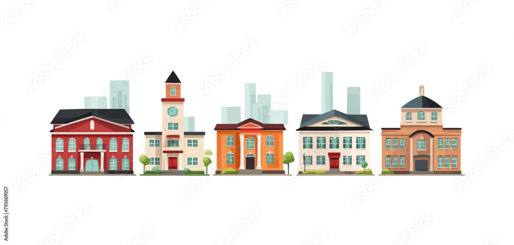 Poster a row of buildings with a clock tower in the middle