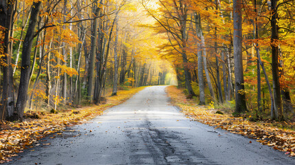 Asphalt road in the autumn forest. Yellow leaves