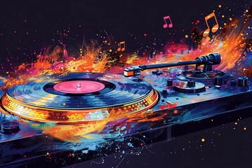Colorful turntable with vinyl record and notes on the theme of  World Music Day - obrazy, fototapety, plakaty