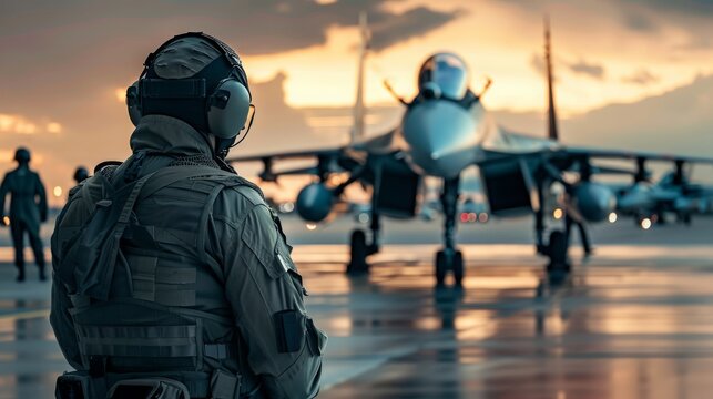 powerful fighter jet is parked on the airport tarmac, showcasing its imposing presence, Pilot preparing to board a high-speed interceptor jet