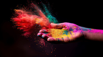 A hand is holding a colorful powder, and the powder is falling out of the hand. Concept of joy, as the colorful powder represents a celebration. A hand throwing holi powder against a black background - Powered by Adobe