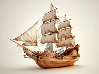 Detailed 3D vector of a wooden sailing ship model, historic and exploration theme, crafted with precision