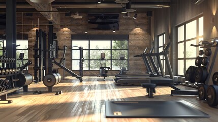 A modern and sleek 3D rendering of a gym environment promoting healthy living  AI generated illustration - obrazy, fototapety, plakaty