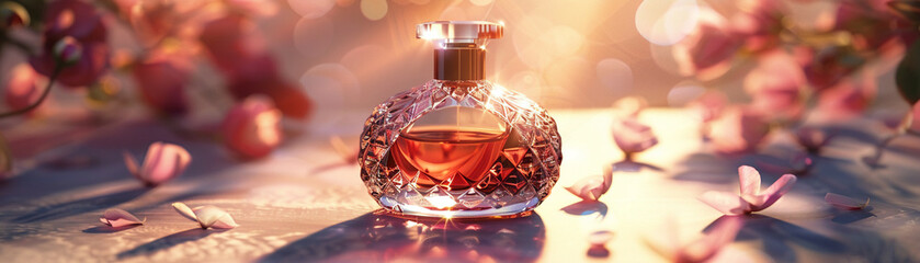 Elegant 3D vector illustration of a glass perfume bottle, soft backlight, luxury and beauty concept - obrazy, fototapety, plakaty