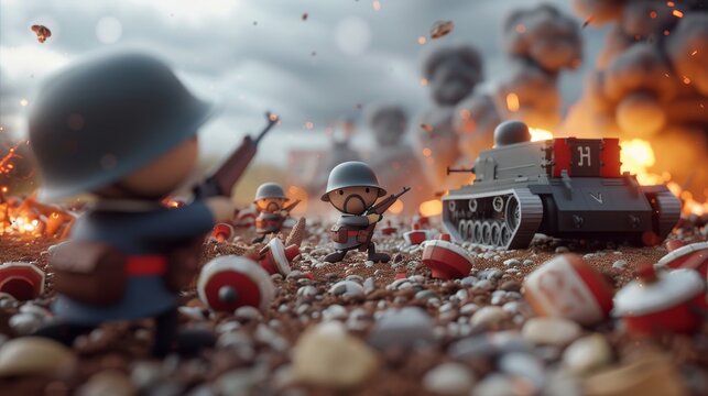 A modern vs historic depiction of war in a cute 3D render  AI generated illustration