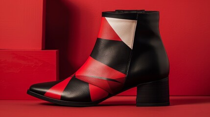 A pair of sleek black ankle boots with a geometric print  AI generated illustration