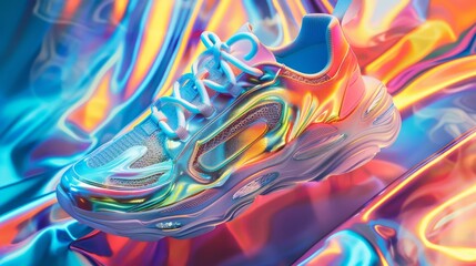 A pair of sneakers with a holographic sheen and abstract shapes  AI generated illustration