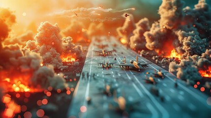 A peaceful vs chaotic scene of war depicted in a 3D style  AI generated illustration - obrazy, fototapety, plakaty