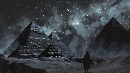 Ancient Pyramids under Starry Sky with Anubis Silhouette - obrazy, fototapety, plakaty