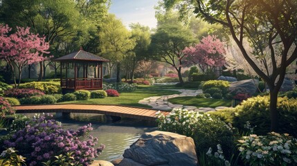 Obraz premium A picturesque 3D rendering of a peaceful garden AI generated illustration