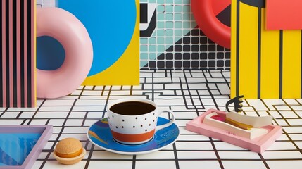 A playful and colorful coffee-inspired design in the Memphis style  AI generated illustration