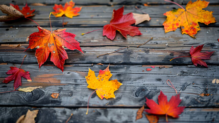 Autumn maple leaves on wooden table. Falling leaves 
