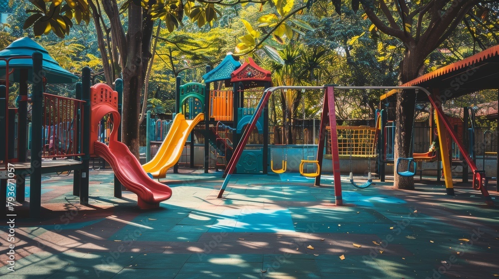 Poster A playful playground with swing sets and slides  AI generated illustration