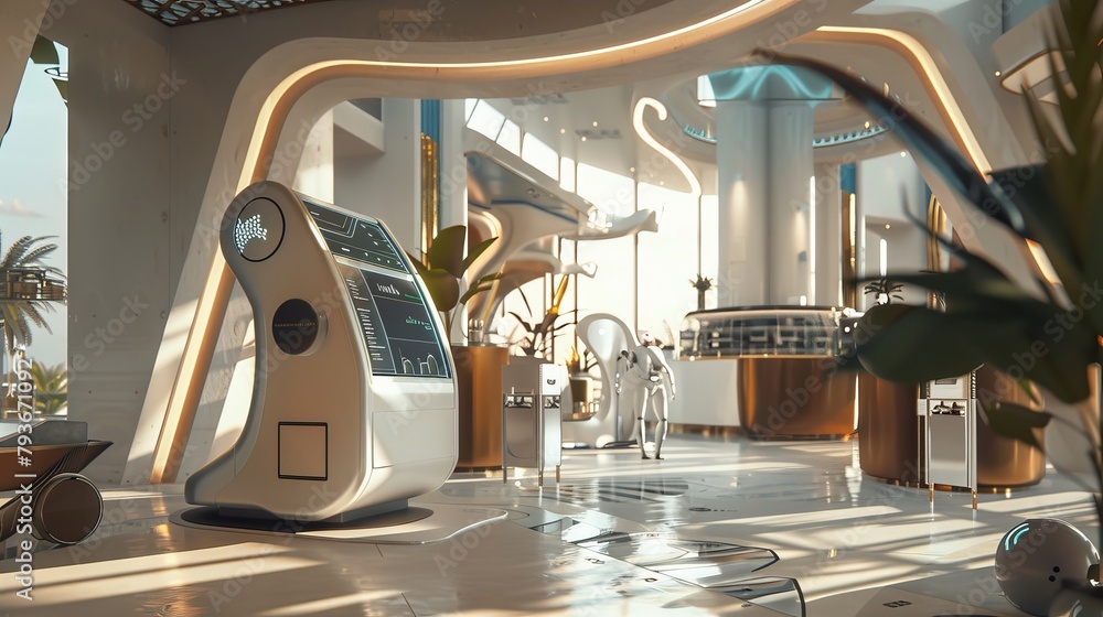 Poster A playful rendering of a futuristic hotel with automated check-in kiosks and robotic room service  AI generated illustration